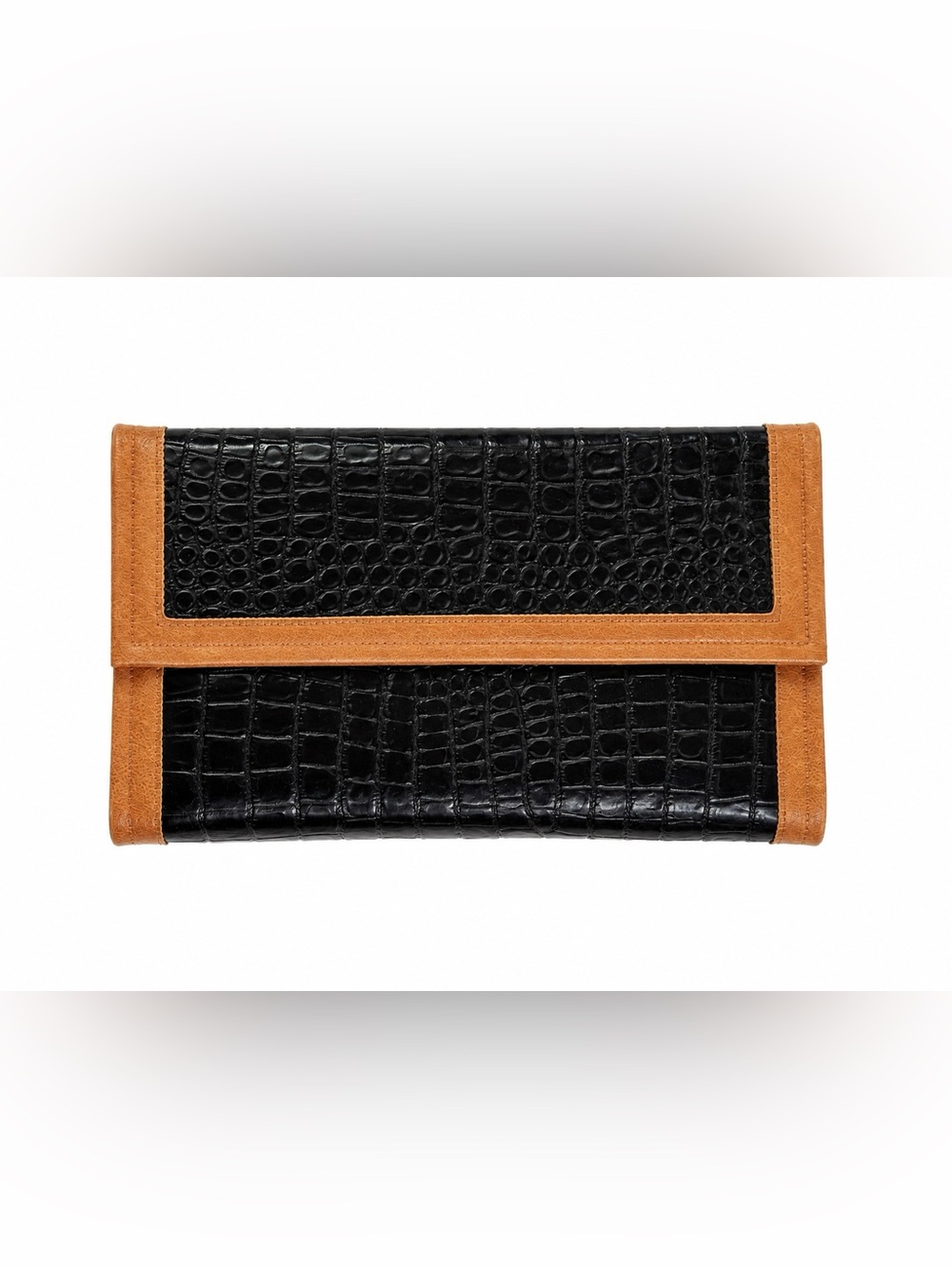 Black Crocodile Embossed Leather Checkbook Wallet Brown Trim